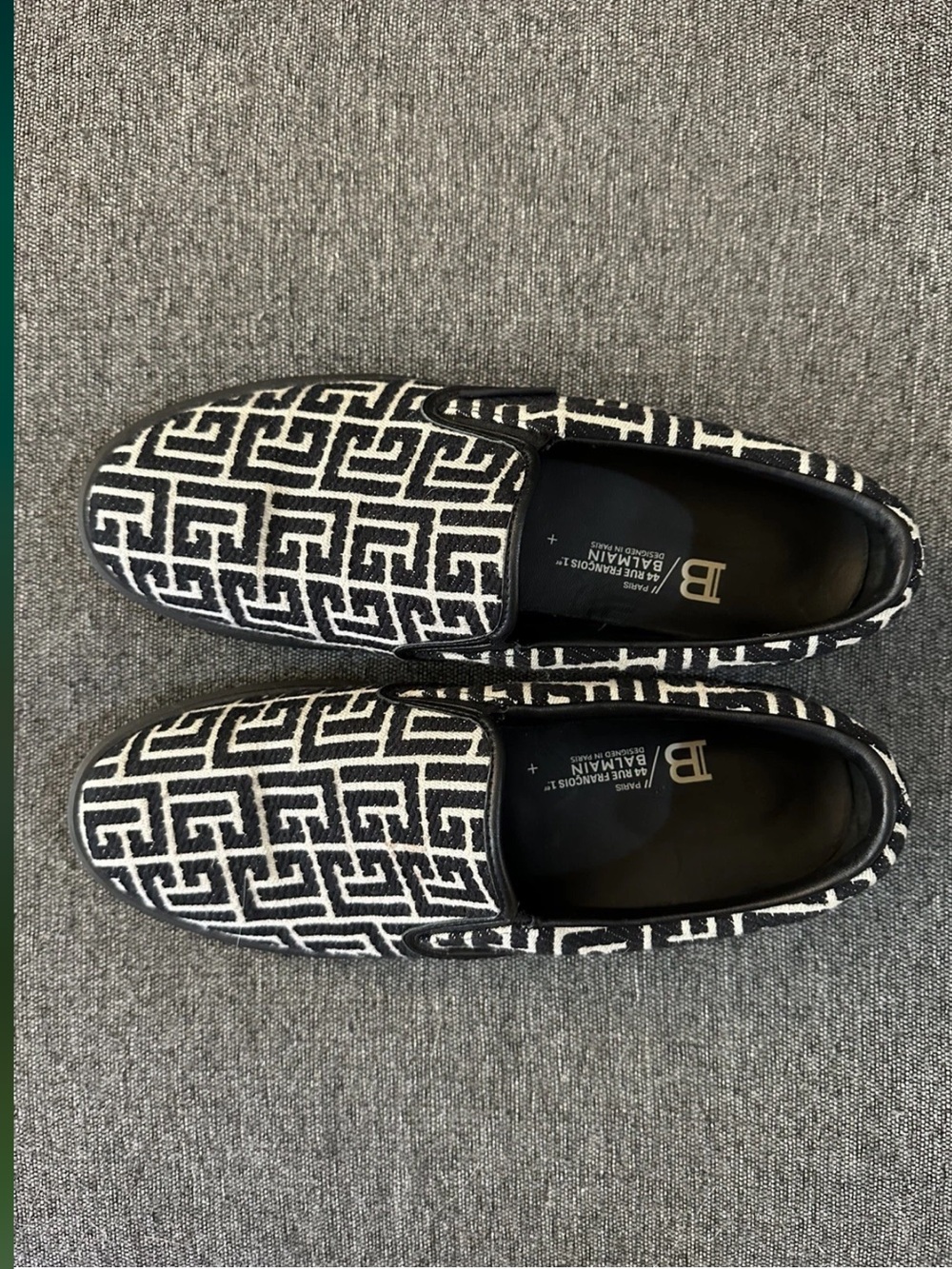 Balmain Black & White Geometric Pattern Slip-On Loafers